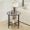 Artloge Glass Round Side Table Small: 2 Tiers Modern Accent Tables Circle Diameter 50cm Slim Bedside Tables Gray Tinted Tempered Glass Top with B