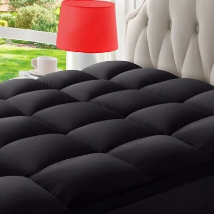 BedLuxury Full XL Black Mattress Topper Mattress Pad Cover Plush Soft Pillowtop with Elastic Deep Pocket Overfilled Down Alternative Filling