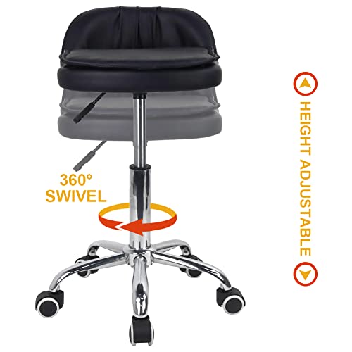 WKWKER PU Leather Rectangle Rolling Stool With Low Back Height Adjustable Swivel Drafting Work SPA Task Chair With Wheels (Black)