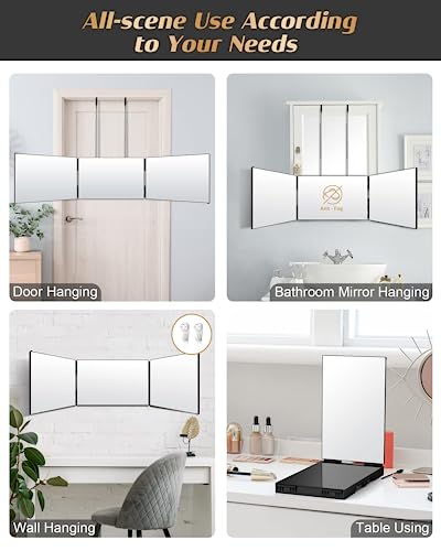 JUSRON 3 Way Mirror for Hair Cutting, 360° Mirror with Adjustable Hooks for Door, Portable Trifold Barber Mirror for Makeup, Cut, Trim and Shave