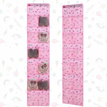 Windyun 2 Pcs Unicorn Kids Shoe Organizer Baby Over the Door Shoe Organizers Hanging Girls Pink Shoe Rack Kids Shoe Storage 12 Mesh Pocket Toddle