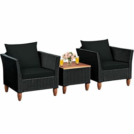 MIAOZI 3PCS Outdoor Patio Rattan Furniture Set Wooden Table Top Cushioned Sofa Black Coffee Table (Color : D)