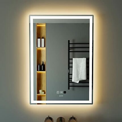 KWW 50 x 70 cm LED Sensor Bathroom Vanity Mirror, Color Temperature Adjustable, Wall Mounted, Anti-Fog Dimmable Lights Makeup Mirror with Smart T