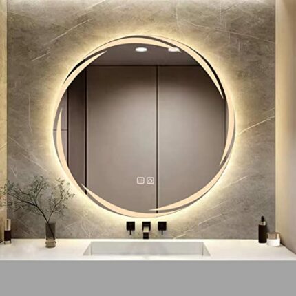 YOSHOOT Patterned 600mm Round Bathroom Mirror Wall Mounted Mirror with LED Light, Sleekest Illuminated Vanity Mirror, Anti-Fog Large Circle Makeu