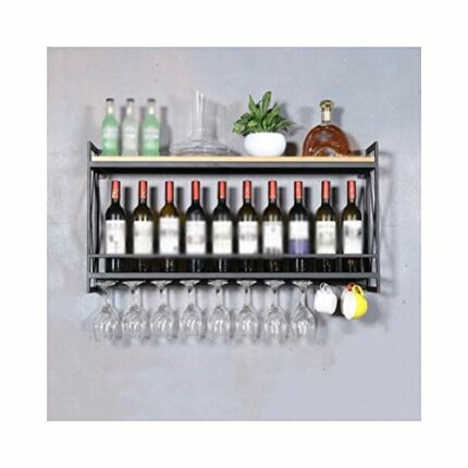 PIBM Wood Wine Rack Wine Glass Storage Shelf Wrought Iron Upside down Display Stand Home Bar Decor J1029, Black , 100X20X52CM