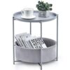 KINGRACK Sofa Side Snack Table,Coffee Round Table with Basket,Metal End Table,Nightstand with fabric Storage Basket and Detachable Tray Top,Scand