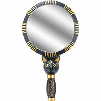 1.5 Inch Black and Gold Colored Bastet Hand Mirror with Egyptian Cat