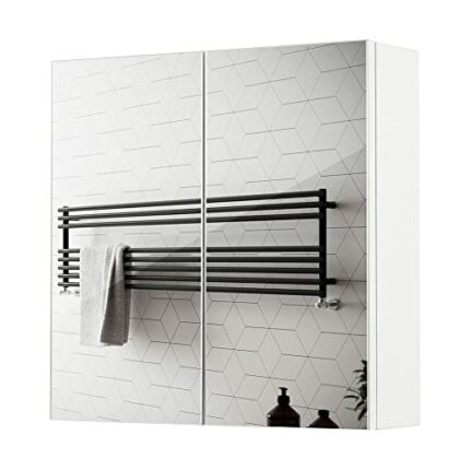 Meerveil Bathroom Mirror Cabinet, Wall-mounted Storage Cabinet with 2 Doors 2 Shelves Wooden Modern Style for Bathroom, 45 x 13 x 45 cm, White