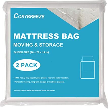 Cosybreeze Mattress Bag for Moving, Long-Term Storage and Disposal, [2-Pack] Queen Size 4 Mil Thick Heavy Duty Mattress Protector Covers Box Spri