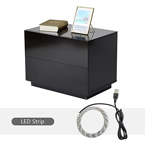 Meerveil Bedside Table, LED Bedside Cabinet with 2 Drawers High Gloss with USB Light 60x39x45cm for Bedroom Living Room, Black
