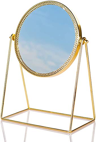 DAWOO Golden Makeup Mirror, Dresser Single Side Retro Mirror, 360 Degree Adjustable Round Gold Mirror, Suitable for Bathroom, Bedroom Decor, Gift
