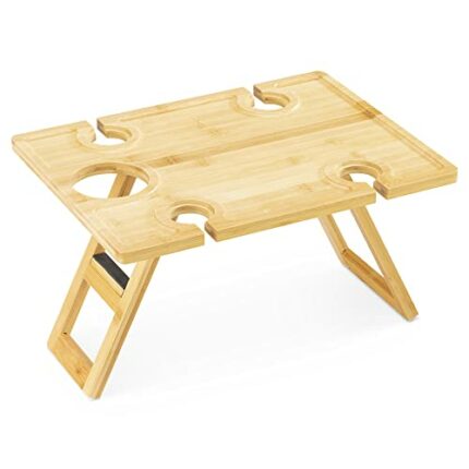 Navaris Portable Wine Picnic Table - Foldable Table with Bottle and Glass Holder - Small Bamboo Outdoor Beach Tray for Adults - Holds 4 Wine Glas
