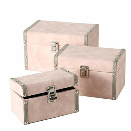 Set of 3, Pale Pink and Grey Decorative Baby Trunks, Stackable, Faux Suede Over Wood, Silver Metal Hardware, Flip Latch, Studs, White Stitched De