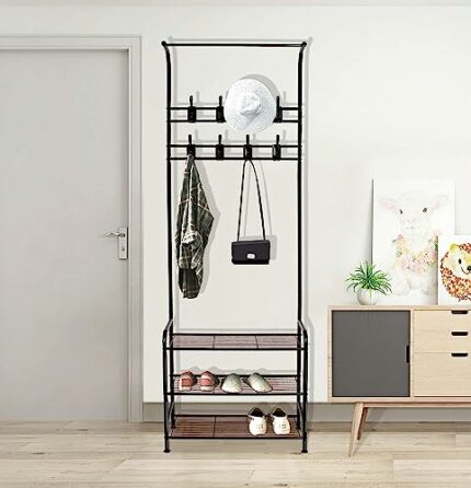 Bigzzia Coat and Shoe Rack Entryway, 3-in-1 Metal Hall Tree with 3-Tier Shelf and 16 Removable Hooks, Simple and Narrow Coat Racks Free Standing