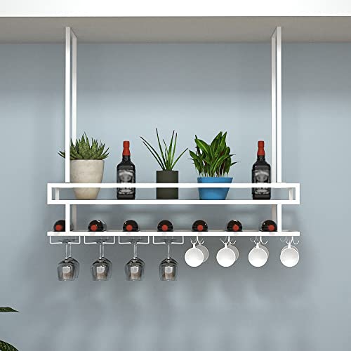 EYLINK Wine Glass Holder, Rustic Ceiling Mount Wine Rack, 2 Tier Hanging Industrial Wine Rack with Guard Rail, Wall Mounted Bottle Holder Glass R