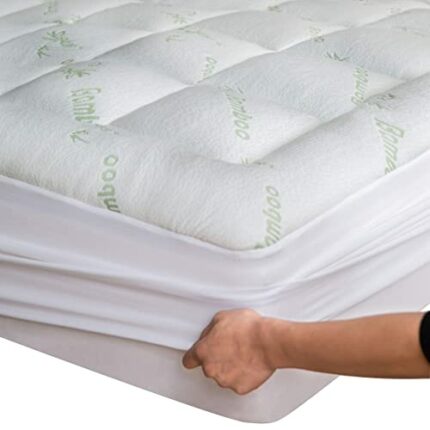 Bamboo King (Queen) Mattress Topper with 1 Pillow Protector - Thick Cooling Breathable Pillow Top Mattress Pad for Back Pain Relief - Deep Pocket