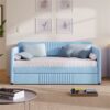 WALNUT Upholstered Daybed Sofa Bed Twin Size With Trundle Bed and Wood Slat, Light Blue