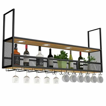 KEppd Wall Mounted Wine Racks Wood Black | Ceiling Hanging Wine Holder Metal | Cube Suspended Wine Bottle Holder | Wood Floating Shelves Wall She