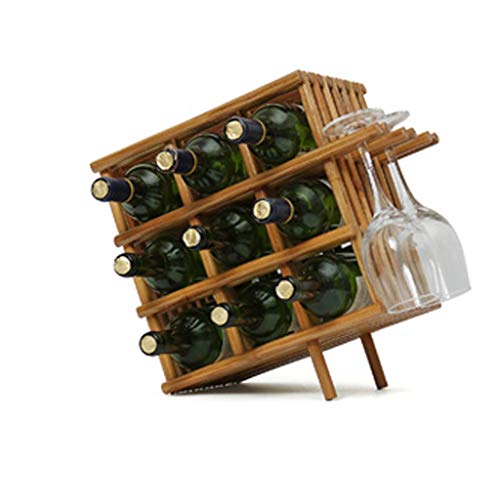 Countertop Square Shape Bamboo Wood Wine Rack - Table Top Wine Bottle Storage Slots for 9 Bottles 3 Wine Glass Rack Hanging Cup Holder -Free Stan