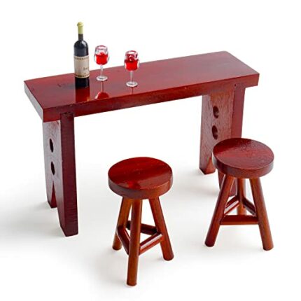 1:12 Mini Wooden House Furniture Miniature Pub Mini Bar Counter Table Chair Miniature Red Wine Glass for Mini House Decor