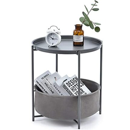 KINGRACK Sofa Side Snack Table,Coffee Round Table with Basket,Metal End Table,Nightstand with fabric Storage Basket and Detachable Tray Top,Scand