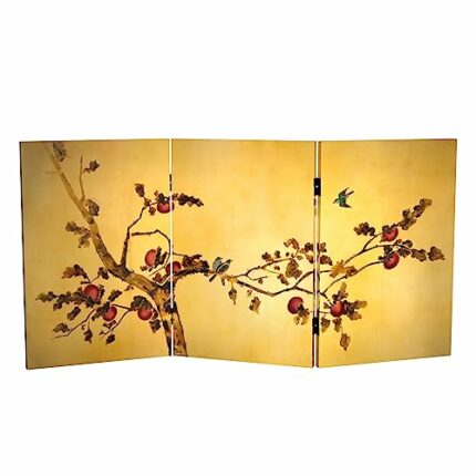 Red Lantern 2 ft. Short Double Sided Plum Tree Canvas Folding Screen 3 Panel Freestanding Partition and Separator for Modern and Contemporary Bed
