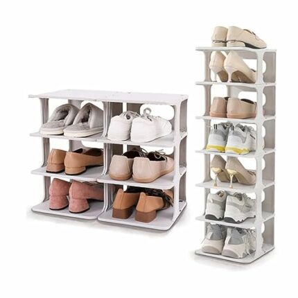 XLXXJYBXZ 8 Tier Narrow Shoe Storage Free Standing Shoe Rack for Small Room Stackable Shoe Organizer for Closet Plastic Vertical Shoe Holder for
