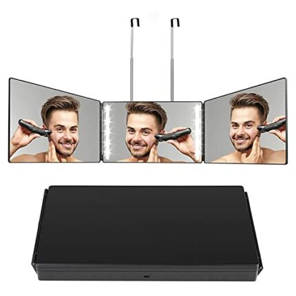 Rechargeable 360 Mirror with LED Lights, 3 Way Three Sided Wavy Full Length Barber Mirror for Self Cut Hair with Height Adjustable Telescoping Ho