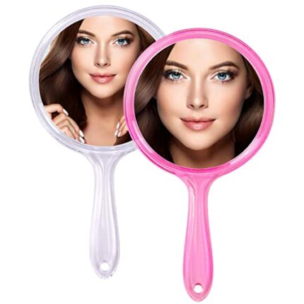 QLFJ-FurDec 2 PCS Hand Mirror, Double-sided 1X/3X Magnifying Mirror with Handle, Portable Travel Cosmetic Mirror, Transparent Frame Pocket Mirror