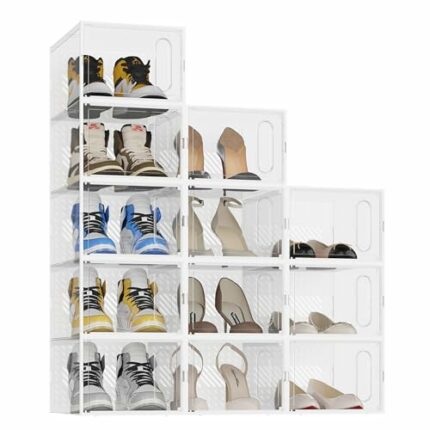 JOISCOPE Shoe Box, 12 pcs Clear Stackable Shoe Storage Boxes Crease Plastic Shoe Organizer Foldable, Breathable, and Versatile Containers Bins fo