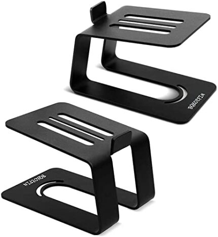 BQKOZFIN Metal Desktop Speaker Stands, Universal Desk Stand for Small, Medium Bookshelf Computer Speakers, Black (1 Pair)