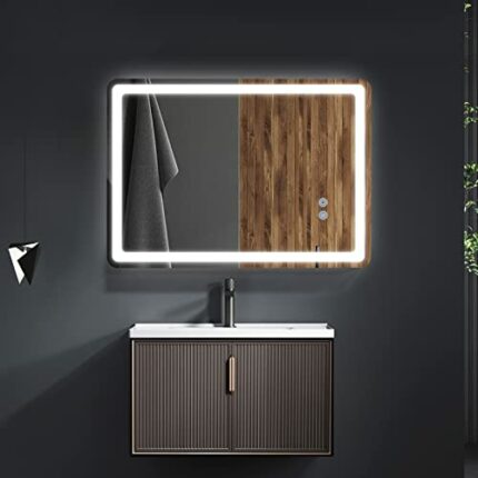Potuem Bathroom Mirror with LED Lights, 500*700 MM Backlit Illuminated Bathroom Mirror Wall Mounted Multifunction Vanity Mirror with 3 LED Light