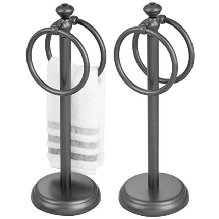 mDesign Small Hand Towel Holder — Freestanding Towel Rail for Bathroom and Dressing Table — Metal Bathroom Towel Rack — Set of 2 — Grey