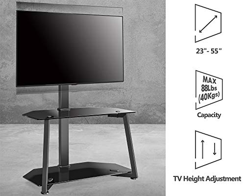 FITUEYES Corner TV Floor Stand for 32 to 55 Inch TVs Universal Cantilever TV Stand with Open Glass Media Storage Shelves Black Hold 40kgs