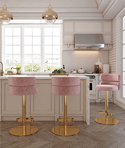 Pink Velvet Swivel Barstools Set of 2 Counter Bar Chair Adjustable High Bar Stools with Backs Armless Kitchen Island Hight Stainless Steel Titani