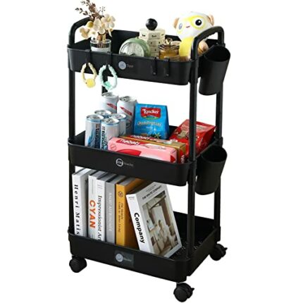 KOAODA 3-Tier Storage Trolley on Wheels, Kitchen Rolling Utility Cart Storage Organiser with Handle Hanging Cups for Office, Kitchen, Bedroom, Ba
