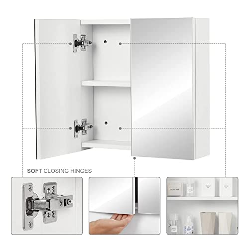 Meerveil Bathroom Mirror Cabinet, Wall-mounted Storage Cabinet with 2 Doors 2 Shelves Wooden Modern Style for Bathroom, 45 x 13 x 45 cm, White