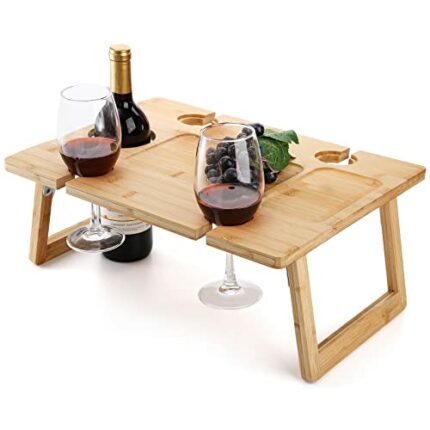 Peohud Bamboo Wine Picnic Table, Folding Snack Tray with Wine Glasses Holder, Portable Wine Table for Beach, Park, Camping, 16.9" x 12.6"