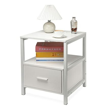 Oak & Tea Bedside Table White Storage bedside Cabinet with One Drawer Wooden Nightstand Side Table for Bedroom Living room White 45 x 45 x 56 cm