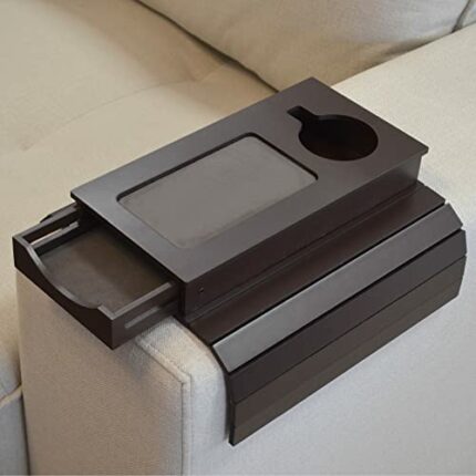 Meistar Sofa Tray w/Anti-Slip Base and Couch Cup Holder. Remote Control, Coffee Table and Cellphone Organizer. Portable Side Arm Rest Table w/Dra