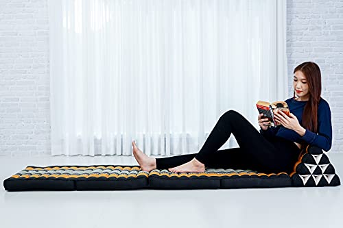 LEEWADEE 4-Fold Mat with Triangle Cushion – Firm TV Pillow, Foldable Mattress with Cushion Made of Eco-Friendly Kapok, 225 x 50 cm, black orange
