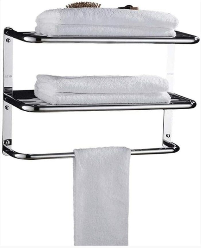 Stainless Steel Towel Racks with Shelf, Adjustable Bathroom Shelf with Towel Bar Rod and Hooks for Wall Mount, Multifunction Double Towel Holder