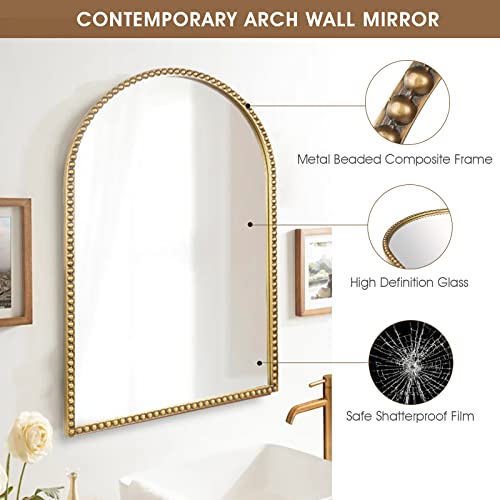 Fobule Arched Wall Mirror for Bathroom, 20"x30" Metal Beaded Frame Decorative Accent Mirror, Large Modern Distressed Hanging Wall Decor for Washr