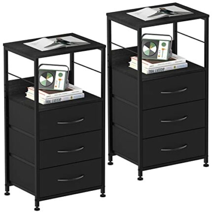Black Nightstand with Drawer Set of 2, Tall End Table Bedroom Night Stand Side Table with 3 Fabric Drawers Modern Bedside Table with Storage Shel
