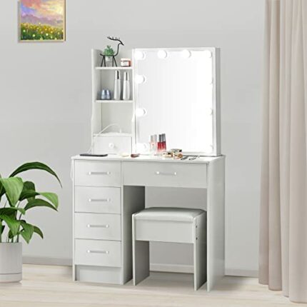 Vanity Desk, Makeup Vanity with Mirror and 10 LED Lights, Makeup Dressing Table with 6 Drawers and Chair, Vanity Table with 3 Lighting Modes for