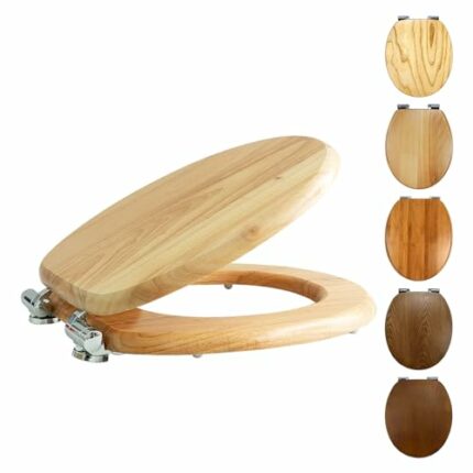 Fanmitrk Natural Solid Wood Toilet Seat-Wooden Toilet Seat,Toilet Seat Soft Close with Metal Hinges,Easy to Install Also Easy to Clean