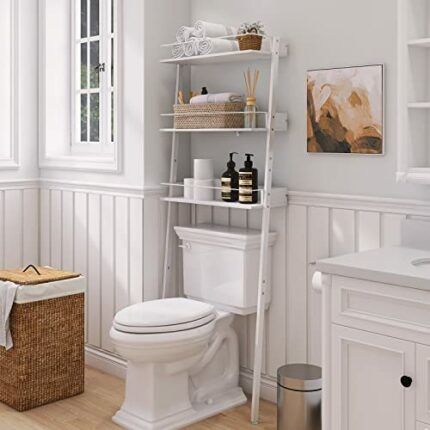 Three Capreolus 3-Tier Over The Toilet Storage, Bathroom Organizer with Safety Rails & Anti-Tilt Device, Wooden Multifunctional Space Saver, Bath