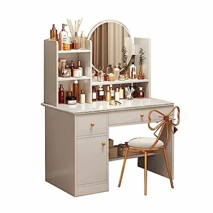 HAWEWE Vanity Desk With LED Lighted Mirror & Chair 31.4inch Vanity Table With Drawers 3 Lighting Brightness Adjustable Dressing Table For Bedroom