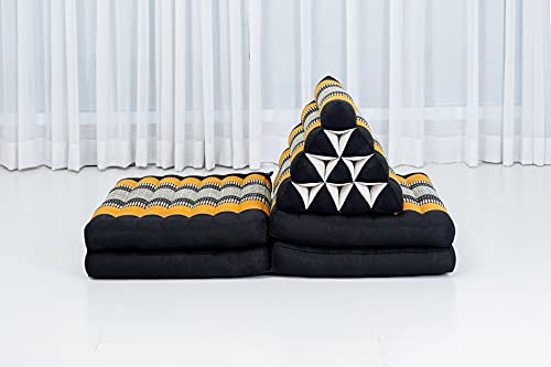 LEEWADEE 4-Fold Mat with Triangle Cushion – Firm TV Pillow, Foldable Mattress with Cushion Made of Eco-Friendly Kapok, 225 x 50 cm, black orange
