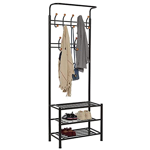 Meerveil Coat and Shoe Rack, Coat Stand, Rack with Shoe Storage, Clothes Rack with 18 Hooks Metal Frame, Entrance Furniture Shelf with Bench, Liv